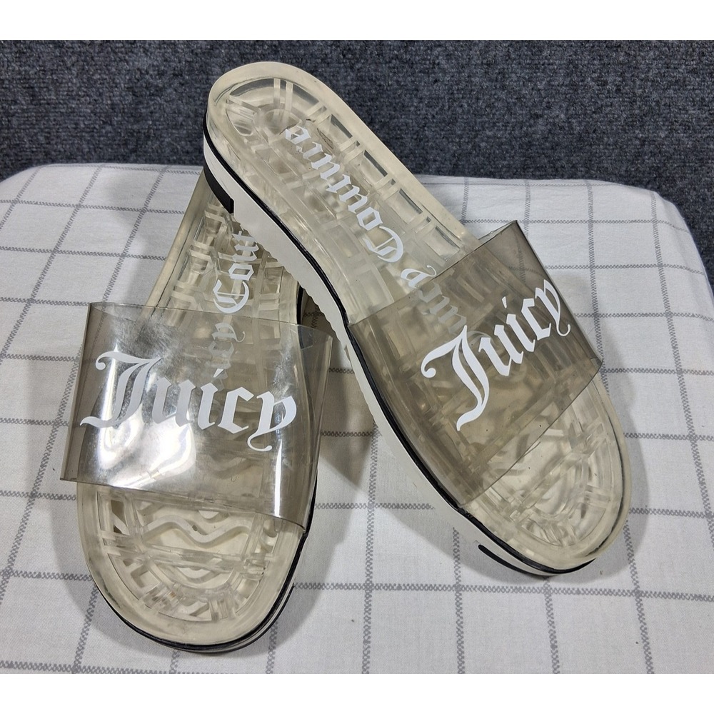 Juicy‎ Couture Womens Clear Logo Platform Slide Sandals Transparent Y2K Smoke